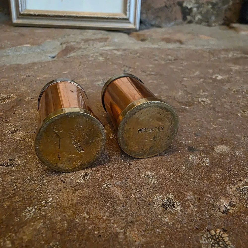 Vintage Made in Italy Copper and Brass Salt and Pepper Shakers Set Mini MCM